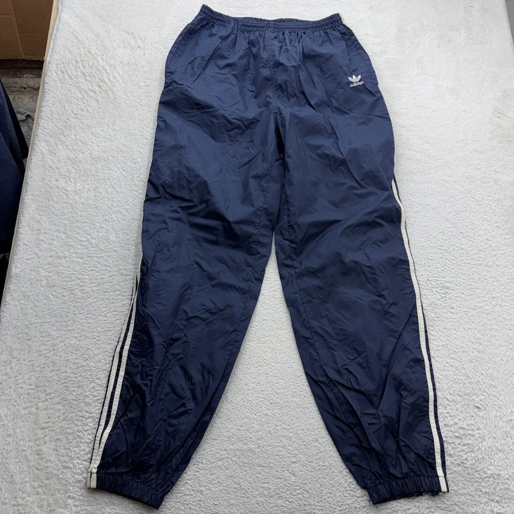 Adidas Vintage Navy Blue Nylon Track Pants Mens XL Trefoil 3-Stripe Windbreaker